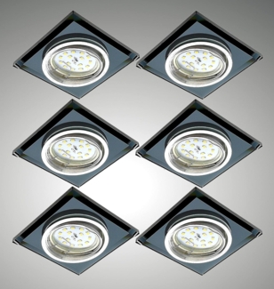 TRANGO LED Einbauleuchte, 3 Stufen dimmbar, 6er Set 6736S-06MOSD *BLACK CRYSTAL* LED Deckenstrahler aus schwarzem handgeschliffenem Glas & Alu inkl. 6x 3-Stufen dimmbar Ultra Flach LED Modul, 3000K warmweiß, Einbauspot, Deckenleuchte