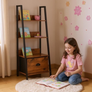 FurnitureR Kinderzimmer Regal & Ablage 42 x 29 x 110 cm, 4 Ebenen, Stoffschublade, 12 mm Holzplatten & 20 mm Metallrahmen, 7,5 cm Rückwand, Warmer & sicherer Stauraum