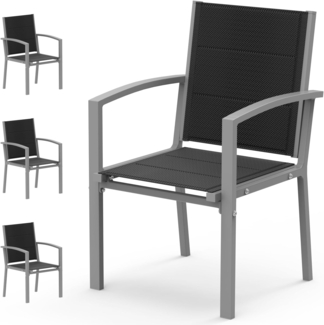 JUMMICO Garten Stapelstühle mit Armlehnen, Aluminium Outdoor Garten Stühle mit Baumwollsitz für Balkon, Terrasse, Garten - Set aus 4 Stück, HellGrau
