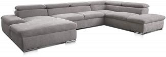 Cavadore Wohnlandschaft Alkatraz im modernen Design / U-Form mit Longchair links und Ottomane rechts / Inkl. Bettfunktion + Kopfteilverstellung / 350 x 73 x 226 / Hellgrau