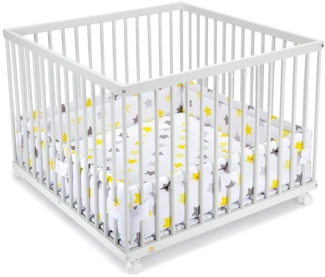 FabiMax Baby Laufgitter 100x100 Weiß lackiert, Stufenlos höhenverstellbar, mit Schlupfsprossen, Laufstall aus massivem Buchenholz (Gelbe Sterne)