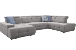 Cavadore Wohnlandschaft Mistrel mit verstellbaren Kopfteilen / U-Form Sofa mit leichter Fleckentfernung dank Soft Clean / Geeignet für Haushalte mit Kindern, Haustieren /343 x 77 x 228 / hellgrau