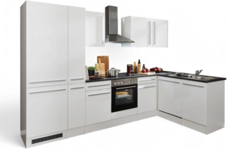 Jazz 8 Moderne Eckküche ohne Elektrogeräte in Weiß Hochglanz, Metallic Grau - Geräumige Küchenzeile in L-Form mit viel Stauraum - 310 x 211 x 60 cm (B/H/T)