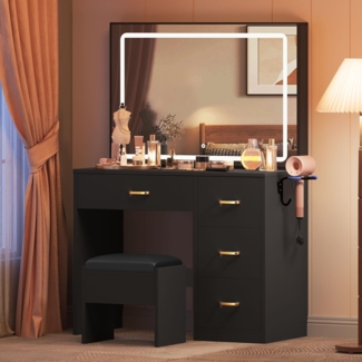 YITAHOME Schminktisch mit verstellbaren LED-Beleuchtung und Steckdosen,Frisiertisch mit 4 Schubladen mit Hocker,Schminktisch mit Spiegel,Schwarz