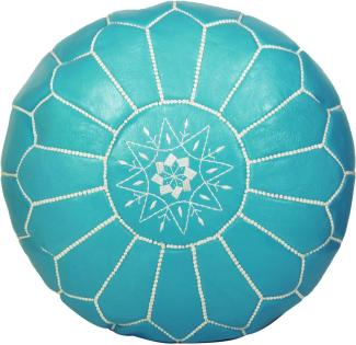 ALMADIH Leder Pouf Sitzkissen hell-blau mit weißer Ziernaht Ziegenleder formstabile Füllung traditionelle Handarbeit Sitzsack Ottoman marokkanische orientalische Lederkissen Bodenkissen (Pouf türkis)