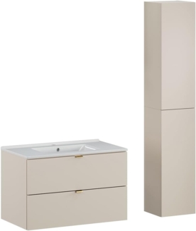 Lomadox Badmöbel-Set DURANGO-56, (Spar-Set, 2-St, Waschtisch Unterschrank), Keramikwaschbecken 80cm breit, kaschmir, versch. Griffvarianten