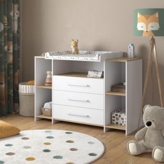 Wickelkommode Oskar Weiß/Goldkraft Eiche 143.2 x 93 cm mit 3 Schubladen Vicco