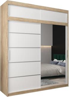 Kryspol Schwebetürenschrank Verona 2-200 cm mit Spiegel Kleiderschrank mit Kleiderstange und Einlegeboden Schlafzimmer- Wohnzimmerschrank Schiebetüren Modern Design (Sonoma + Weiß mit Erweiterung)