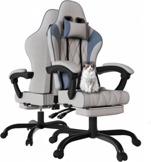 JUMMICO Gaming Stuhl Stoff mit Federpolsterung, Ergonomischer Bürostuhl mit Massager. Gaming Chair mit Kopfstütze, Fußstütze, Höhenverstellbar. Gamer Stuhl 150 kg belastbarkeit, Blau/Hellgrau