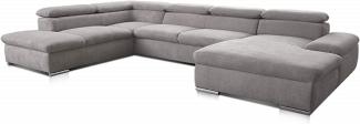 Cavadore Wohnlandschaft Alkatraz im modernen Design / U-Form mit Ottomane links und Longchair rechts / Inkl. Kopfteilverstellung / 350 x 73 x 226 / Hellgrau