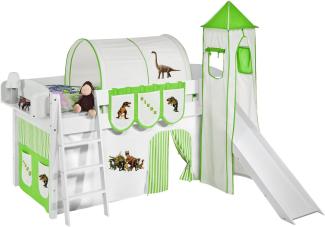 Lilokids 'Ida 4105' Spielbett 90 x 200 cm, Dinos Grün Beige, Kiefer massiv, mit Turm, Rutsche und Vorhang