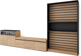 Skraut Home | Wohnwand Wohnzimmer | Wohnzimmermöbel, Möbelset | 360 x 186 x 35 cm | Für TV-Geräte bis zu 65" | Elektrokamin. | Moderner Stil | Eiche Schwarz