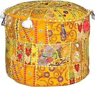 Aakriti Indian Pouf Fußhocker mit Stickerei Pouf, indische Baumwolle, Pouffe osmanischen Pouf Cover mit ethnischem Dekor Kunst - Cover (Yellow, 46x33 cms)