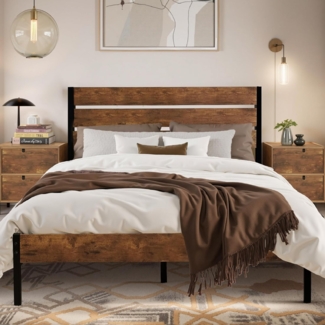 VECELO Bettgestell 140x200 cm, Metallbett mit Dick Holzkopfteil und Lattenrost, Doppelbett mit Stauraum unter dem Bett, perfekt für Schlafzimmer, Braun
