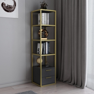 Hanah Home Modern Glam Bookshelf, Gold & Anthracite, 39 x 39 x 160 cm | 100% Melamine Coated Particle Board, 18 mm Thick, Sturdy Metal Frame | Stylish Storage Solution