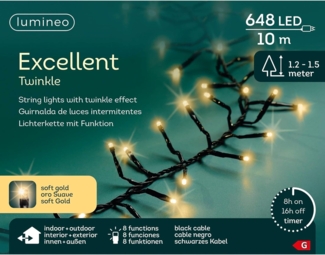 Lumineo LED-Lichterkette Lumineo Lichterkette EXCELLENT TWINKLE 648 LED 10 m Soft Gold, schwarz, Indoor/Outdoor, 8 Effekte, 8h-Timer, + 5 Meter Zuleitung