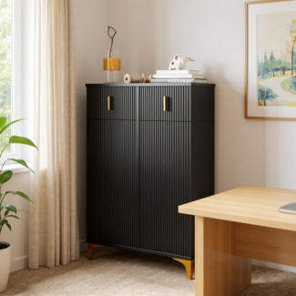 FurnitureR Schwarz Aktenschrank, Vertikalauszug, Modernes Design, 2-Türig, Robustes Spanplatte Material, Platzsparende Bürolösung, Leicht zusammenbauen, Stilvolle Akzente, Höhe 101 cm