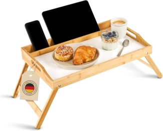 Blumtal Tabletttisch Betttablett aus Bambus mit Holzstrebe für Tablets/Handys, Frühstückstablett fürs Bett - Betttisch klappbar 50 x 30 x 6 cm