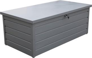 Duramax Palladium Kissenbox aus Metall kurz (585 L) mit hydraulischer Gasdruckfeder und abschließbarem Griff mit Schlüssel, Terrassenbox und Gartenmöbelaufbewahrung, silver