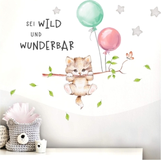 Little Deco Wandbilder Spruch sei wild & Katze I Wandbild 102x53 cm (BxH) I Luftballons Wandtattoo Aufkleber Kinderzimmer Mädchen Tiere Deko Babyzimmer Kinder DL318-D1