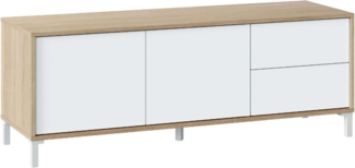 Wohnzimmer-TV-Ständer bestehend aus einem Modul mit zwei Türen und zwei Schubladen, Eiche und weiße Farbe, 130 x 47 x 41 cm