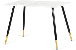 FurnitureR Rechteckiger Esstisch, L-110 cm für 4 – 6, luxuriöses Design, Nachahmung weißer Marmor, Oberseite mit schwarz-goldfarbenem Metall, vielseitig und minimalistisch, Küchentisch