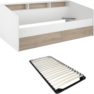 Vente-unique - Bett 90 x 190/200 cm mit Stauraum + Lattenrost - Weiß & Holzfarben - PAULETTE