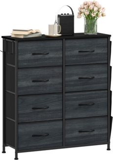 DWVO Kommode mit 8 Schubladen, langlebiger Schrank mit Haken & Seitentaschen, Stoffschubladen mit Griffen, Robustes Metallgestell, für Schlafzimmer Wohnzimmer,Holzmaserung Anthrazit Schwarz