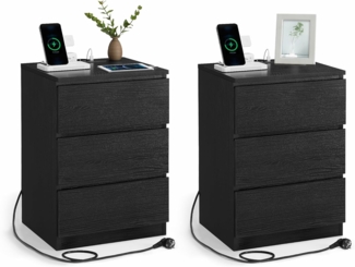 'Vasagle' Nachttisch mit 3 Schubladen (2er Set), 2 AC-Steckdosen / 2 USB-Anschlüsse, Holz ebenholzschwarz, 59 x 35 x 40 cm