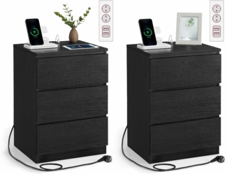 'Vasagle' Nachttisch mit 3 Schubladen (2er Set), 2 AC-Steckdosen / 2 USB-Anschlüsse, Holz ebenholzschwarz, 59 x 35 x 40 cm
