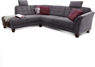 Cavadore Ecksofa Trond mit Ottomane links / Federkern-Sofa im Landhausstil mit 2 Kopfstützen und Vorziehsitz mit Bettkasten / 260 x 89 x 214 / Webstoff grau