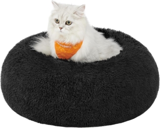 Feandrea Hundebett flauschig, Katzenbett, Donut Kissen, waschbar, Polsterung in der Mitte herausnehmbar, Langer Plüsch, 50 cm Durchmesser, tintenschwarz PGW037B01