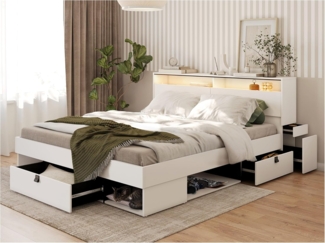 MEBLINI Funktionsbett 180x200 – SMARTEE mit Lattenrost und Matratze – Weiß/Schwarz - Schrankbett mit LED - Bett mit Stauraum - Doppelbett mit Schubladen - Stauraumbett - Bettkästen mit Aufbewahrung
