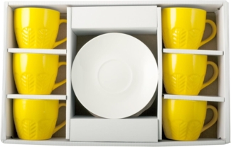 H&H Set KaffeeTasse mit Teller, Bone China, Gelb, 130 ml, 6 Stück