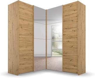 Rauch Möbel Quadra Schrank Eckschrank Schwebetürenschrank, Eiche Artisan, 4-trg. mit Spiegel, inkl. 2 Kleiderstangen, 12 Einlegeböden, 3 Schubkästen, BxHxT 181 x 229 x 187 cm