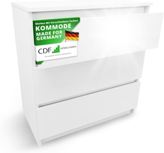 CDF Kommode Malwa M3 | Farbe: Weiß glänzend | Schrank für Dokumente, Kleinigkeiten | Ideal für Wohnzimmer, Schlafzimmer, Kinderzimmer, Jugendzimmer und Büro | 3 geräumige Schubladen | Nachttisch