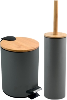 spirella Badaccessoires-Sets ADONIS, Soft-Close-Absenkautomatik, Anti-Fingerabdruck-Beschichtung, matt-satinierte Oberfläche, Stahl + Bambus, innovativer Bürstenkopf, Kombi-Set, 2 tlg, Bad + WC Set, Kosmetikeimer 3L + Toilettenbürste, anthrazit grau