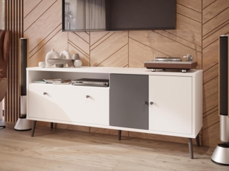 Forte Harllson, einfache Montage Dank EasyKlix TV Tisch Weiß mit Uni Wolfram Grau, TV Schrank mit 2 Türen, skandinavischer Stil, Retro, 160 cm breit x 67 cm hoch x 41 cm tief