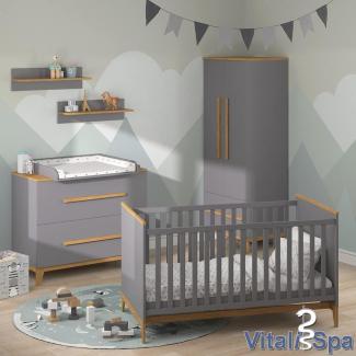 VitaliSpa Babymöbel Set Malia Weiß Eiche Wickelkommode Wandregal Kinderbett Kleiderschrank Kinderzimmermöbel Wickelauflage Aufbewahrung Lattenrost Rausfallschutz Kleiderstange