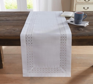 Tischläufer "Häkelborte" weiß, 40x140 cm, mit Häkelbordüre, Mitteldecke