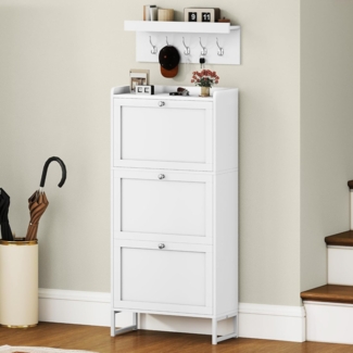 DWVO Schuhschrank Schmal mit 3 Klappen, 25 x 60 x 130 cm, Schuhkipper Weiss, Schuhkommode Schuhregal mit Trennwände verstellbar und abnehmbar, für 14-18 Paar Schuhe, für Flur, Eingangsbereich & Wohnzimmer