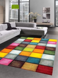 Carpetia Teppich Teppich modern Teppich Wohnzimmer Karo bunt gelb rot blau grün, rechteckig, Höhe: 13 mm