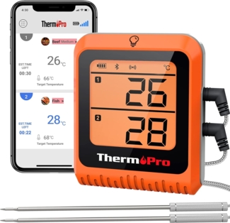 ThermoPro TP25H2 Küchenthermometer mit Timer und Alarmfunktion, 150 Meter, Empfängt Bluetooth, Thermometer für Fleisch, Grill, Ofen