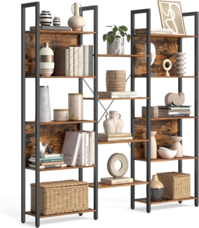 Vasagle Bücherregal, Leiterregal, 14 Ablagen, Metallgestell, für Wohnzimmer, Arbeitszimmer, Büro, Industrie-Design, 158 x 24 x 166 cm, vintagebraun-schwarz