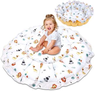 Krabbeldecke für Baby groß Krabbelteppich aus Velvet 130 cm – als Babynest Nestchen Laufstall trockener Pool Spieldecke xxl gepolstert mit Kordelzug Safari