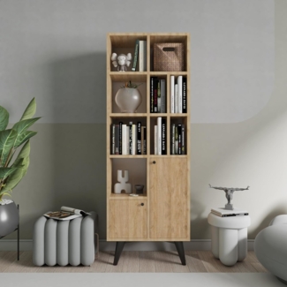 Hanah Home Modern Oak Bookshelf, 60 cm W x 170 cm H x 30 cm D | 100% Melamine Coated Particle Board, 18 mm Thick | Wall-Mountable, Stylish & Functional Design