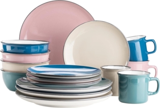 Buntes Vintage-Geschirr-Set aus Keramik für 4 Personen, modernes Geschirrset im Retro-Look; Petrol/Altrosa/Beige/Dunkelblau