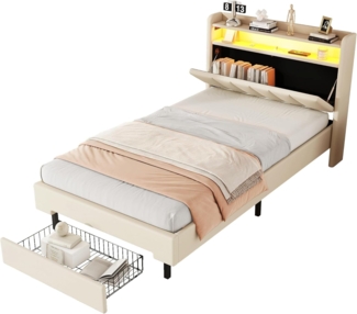 SOFTWEARY Stauraumbett mit LED-Beleuchtung (90x200 cm), Einzelbett mit Lattenrost und Stauraum, Polsterbett, Leinen