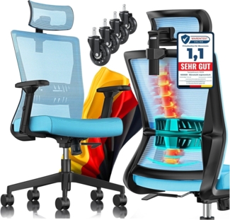 KESSER® Bürostuhl mit verstellbaren Armlehnen | Drehstuhl mit Lendenwirbelstütze Rückenschonend | Schreibtischstuhl ergonomisch mit Kopfstütze | Office Chair Wippfunktion bis 125° mit 5x Gummirollen Blau / Schwarz