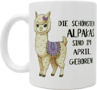 Alpaka Tasse April Die schönsten Alpakas sind. weiß, bedruckt, 100 % Keramik, in Geschenkverpackung.